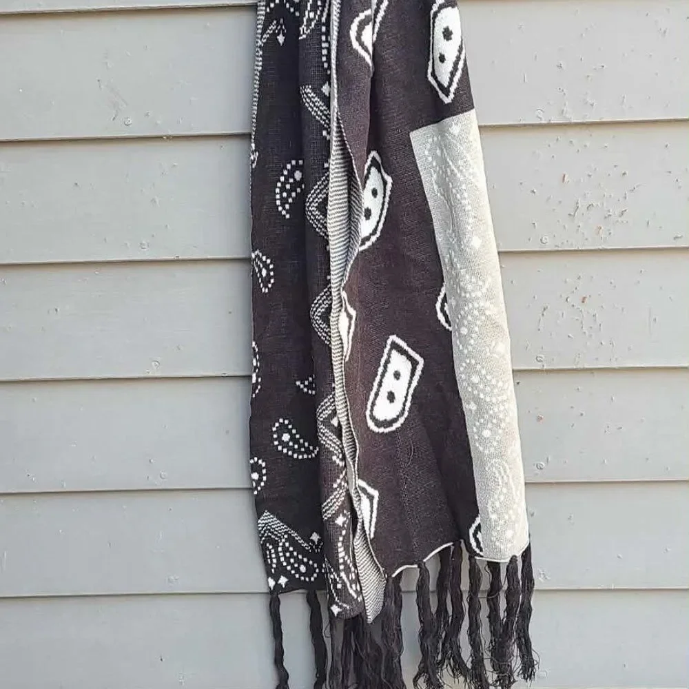 Black Gray White Acrylic? Winter Scarf Paisley